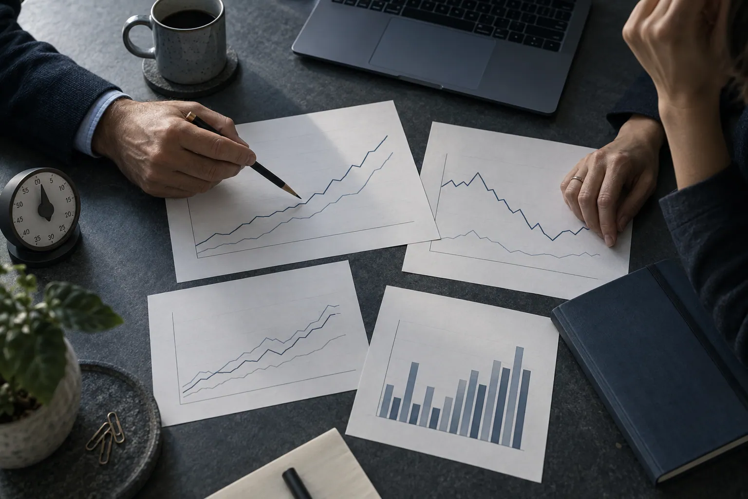 Colleagues comparing printed charts and a timer during a business workflow review.