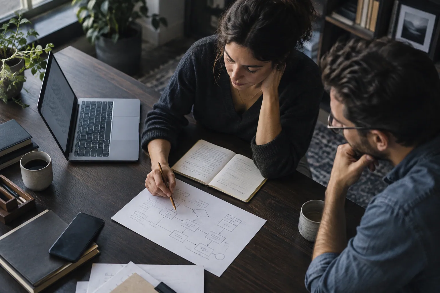 Two colleagues mapping a business workflow on paper beside a laptop.