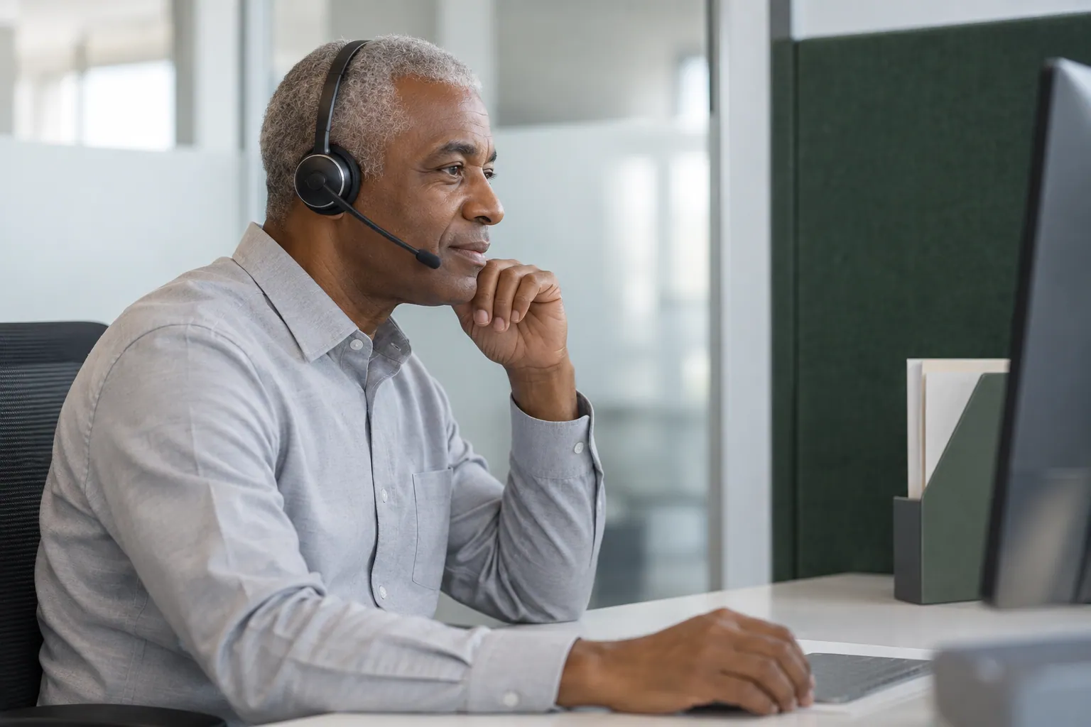 A customer support specialist listening through a headset in a bright office.