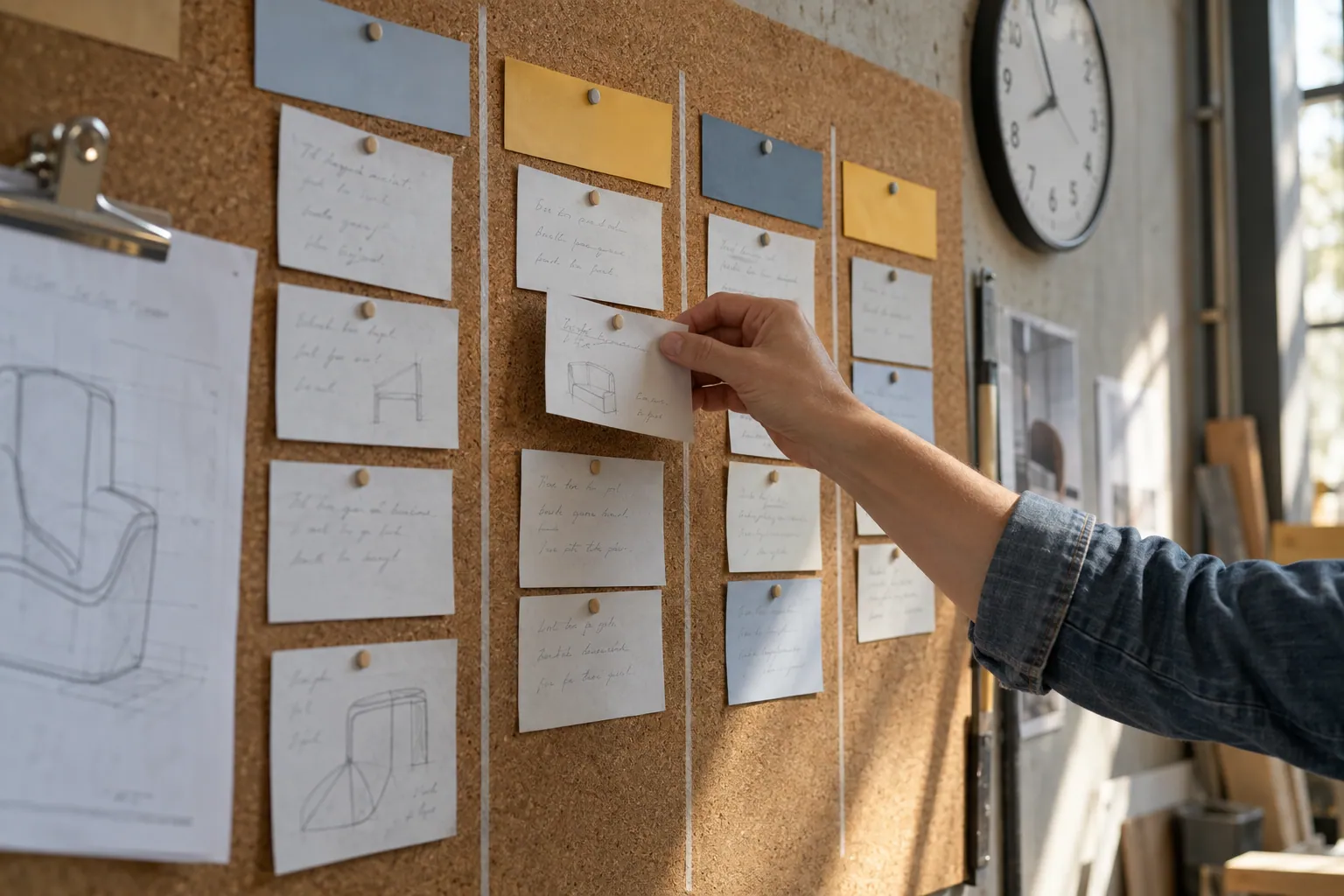 A team member moving a job slip between stages on a project planning wall.