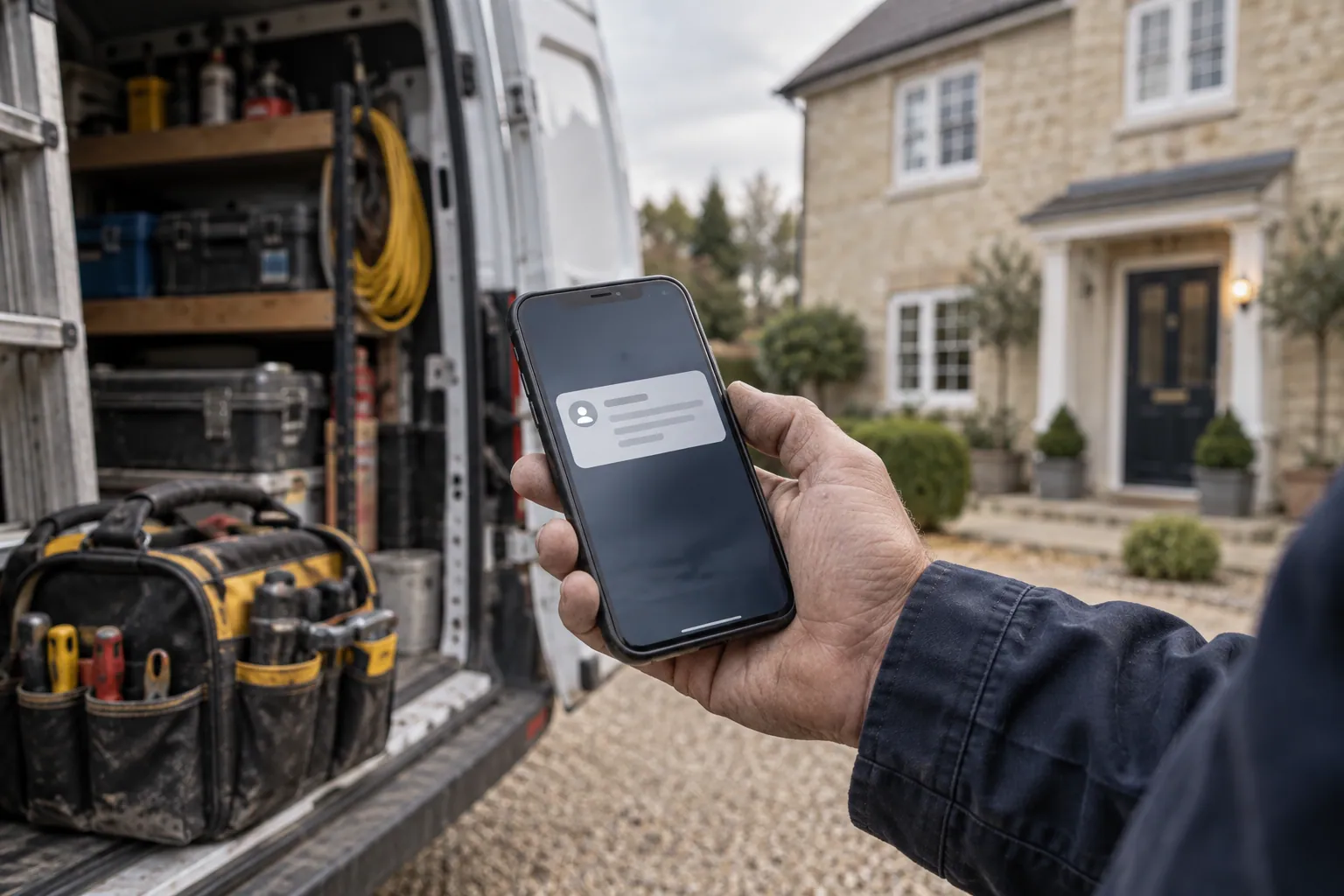 A tradesperson reviewing a customer message on a smartphone beside a service van.