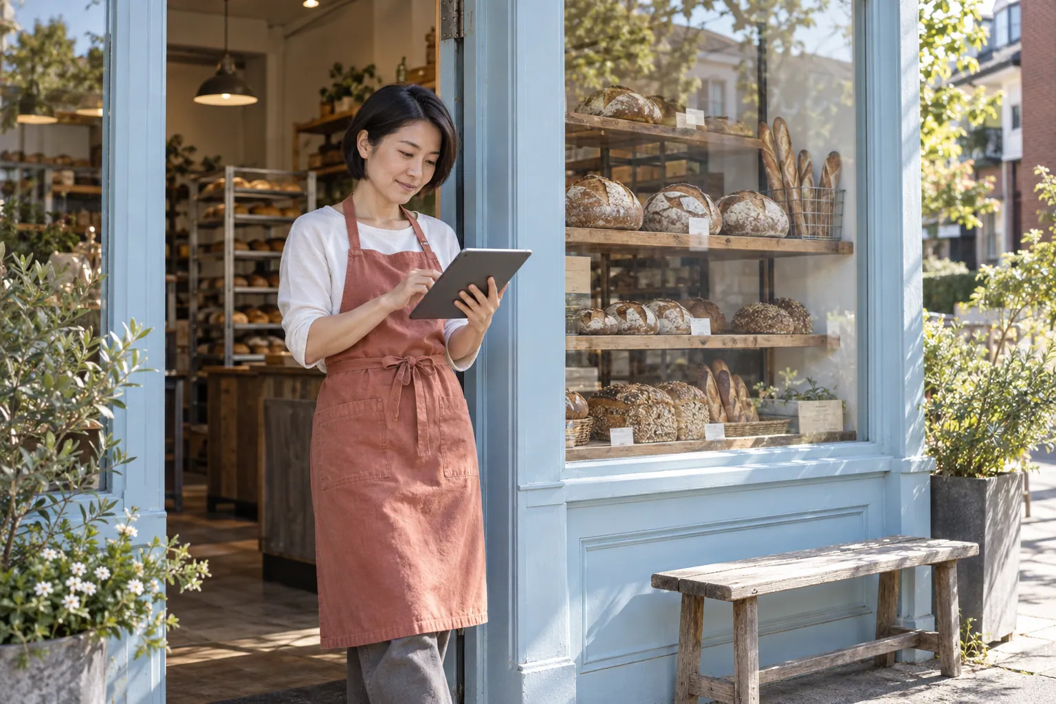 A neighborhood bakery owner checking a tablet beside her storefront display.